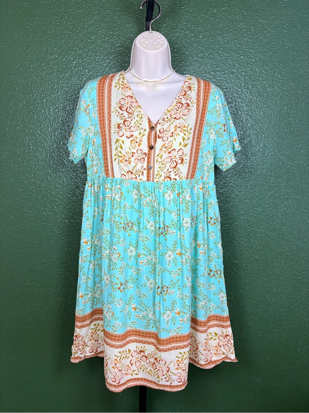 Aqua Floral Boho Dress with Button Front size small/medium